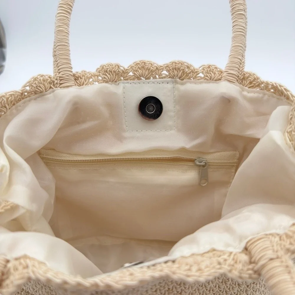 Crochet Straw Tote Bag Beige Woven Top‎ Handle Purse Coin Pouch Boho Summer